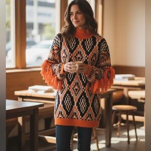 Farm Rio tribal turtleneck sweater dress fringe size small
Length 36 Ptp 21